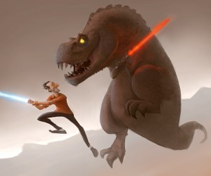 Man with lightsaber fights T-rex with same